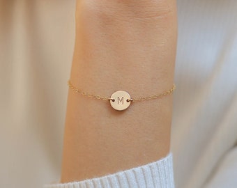 Personalized Custom Disk Bracelet, 14k Gold Filled or Sterling Silver ·  Engraved Initial Bracelet · Personalized Gift