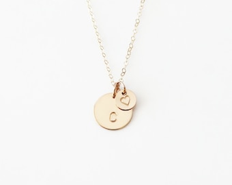 Personalized Disk Necklace with Heart, 14k Gold Filled or Sterling Silver · Simple Monogram Letter Initial · Gift for Her