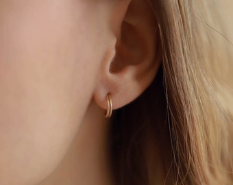 Mini double hoop earrings, gold-filled and sterling silver · Monoë Collection