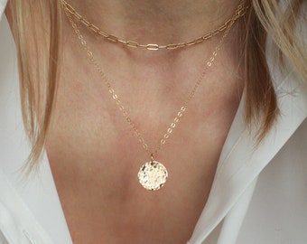 Smooth or Hammered Disk Necklace, 14k Gold Filled or Sterling Silver · Everyday Necklace