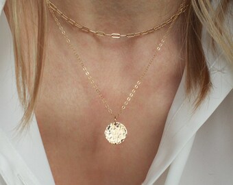 Smooth or Hammered Disk Necklace, 14k Gold Filled or Sterling Silver · Everyday Necklace