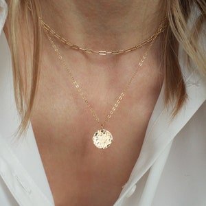 Smooth or Hammered Disk Necklace, 14k Gold Filled or Sterling Silver Everyday Necklace image 1