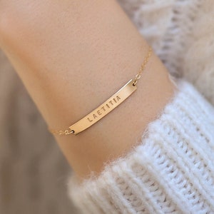 Personalized Bar Bracelet, 14k Gold Filled or Sterling Silver Names, Dates, Initials Custom Gift image 1