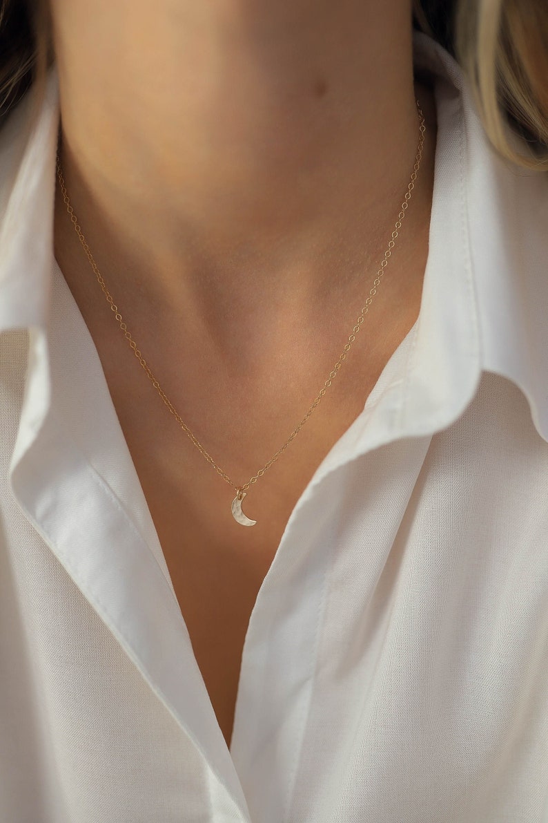 Tiny Hammered Moon Necklace, 14 Gold Filled or Sterling Silver Dainty Necklace Gift for Her image 1