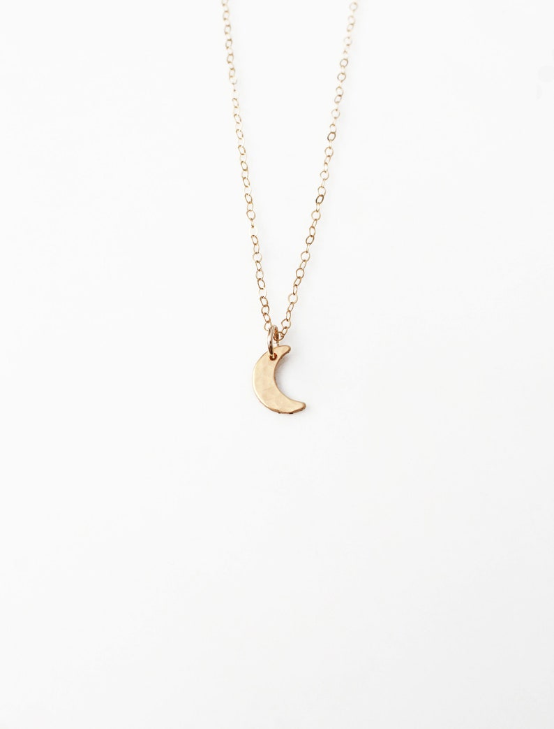 Tiny Hammered Moon Necklace, 14 Gold Filled or Sterling Silver Dainty Necklace Gift for Her image 2