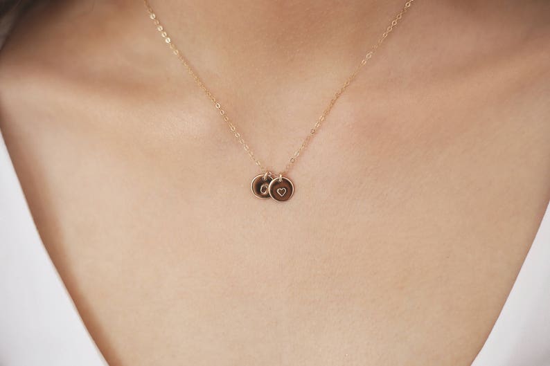 Letter Necklace Delicate Minimalist Hand Stamped Mother/'s Necklace Gift Idea Personalized Necklace Two Circles Disc Custom Initial