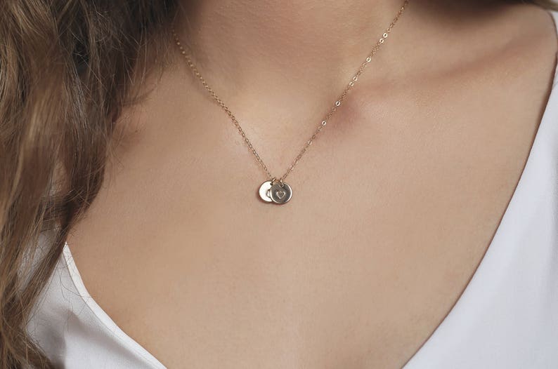 Letter Necklace Delicate Minimalist Hand Stamped Mother/'s Necklace Gift Idea Personalized Necklace Two Circles Disc Custom Initial