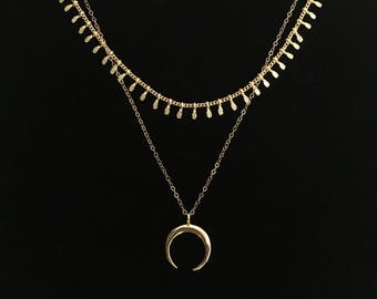 x2 Layered Necklaces, Gold Plated · Choker and Moon Horn Necklace