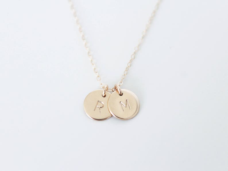 Letter Necklace Delicate Minimalist Hand Stamped Mother/'s Necklace Gift Idea Personalized Necklace Two Circles Disc Custom Initial