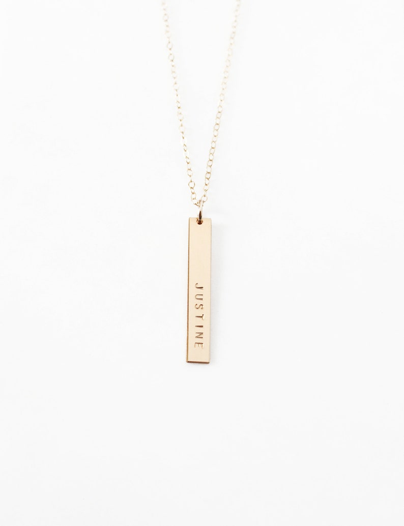 Custom Name Vertical Bar Necklace, 14k Gold Filled or Sterling Silver Name Plate Necklace Unique Gift image 1