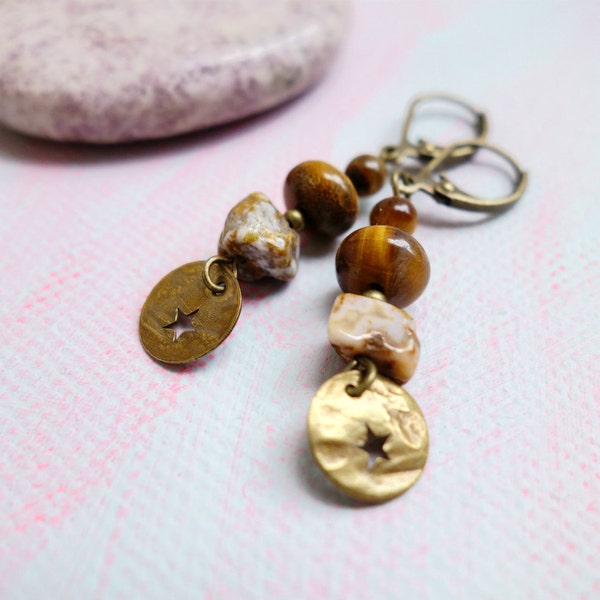 Dangle, gemstone, natural, semi-precious stones, boho earrings. Tiger eye & ocean jasper stones with a bronze charm.