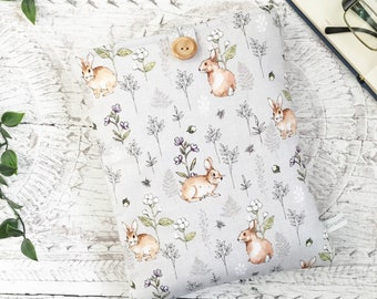 Book Sleeve, Rabbit Book Sleeve, Bunny print Book Pouch, Rabbit Book Bag, Woodland Animals Pouch, Wildflowers & Hare Book Cosy or Book Case