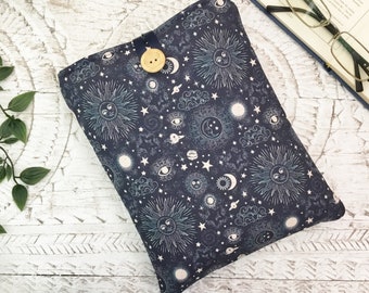 Book Sleeve, Moon and Stars Book Sleeve, Celestial Book Sleeve, astronomical print or planets Book Sleeve, Wiccan, White & Green Witch Gift