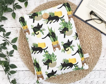 Book Sleeve, Cat Book Sleeve, Kittens & Plants Book Pouch, Botanical Book Cosy, Black Cat Book Sleeve, Nature Lover Reading Gift