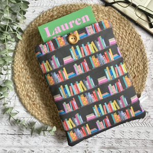 Book Shelf Book Sleeve :  Book Sleeve with Books On, Book Spines Book Pouch, EXCLUSIVE Library Theme Fabric Button Closure Books Book Sleeve