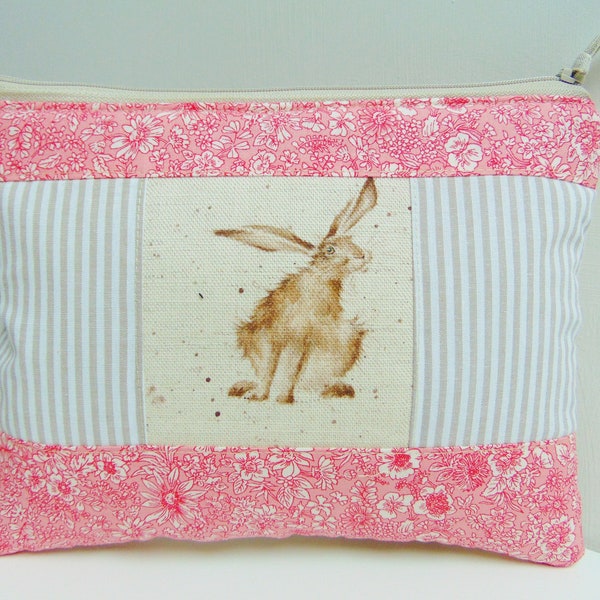 Handmade Rabbit Makeup Bag, made in  Wrendale Designs Fabric Reverse Hare Pouch