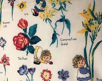3 yds home dec summer print cotton blend fabric rag dolls and flowers vintage rare