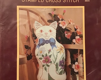 Sunset Stamped Cross Stitch #4800 The Purrr-feet Cat 12.5” high cotton supplies 1984 ***rare