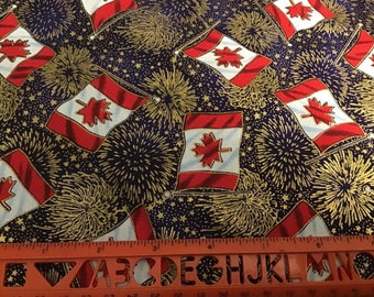 38” Hoffman fireworks Canadian flag cotton fabric gold accents stars rare