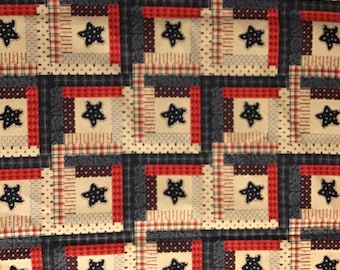Americana cheater cloth quilt print vintage cotton fabric red  blue brown stars stripes log cabin