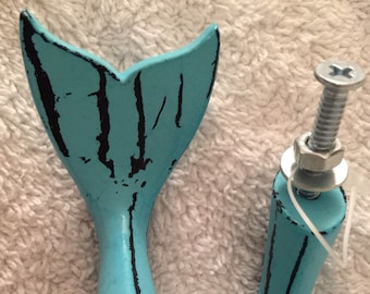 2 MERMAID Knob FISH TAIL Aqua Blue Nautical Iron Pulls Hardware Beach Sea Handle