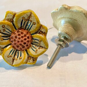 May include: Two decorative flower-shaped cabinet knobs. The knobs feature a yellow and white floral design with a pink center and blue accents. Each knob has a metal screw and washer for installation. These knobs are perfect for adding a touch of floral charm to any cabinet or drawer.