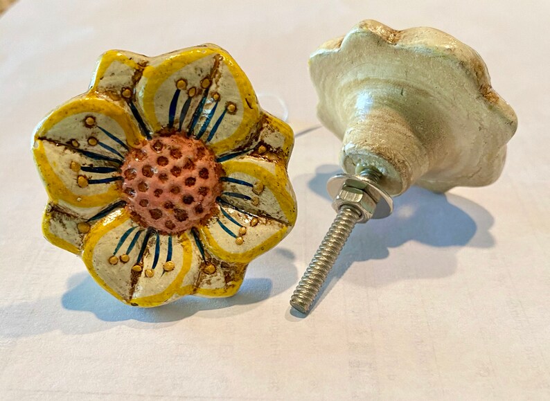 May include: Two decorative flower-shaped cabinet knobs. The knobs feature a yellow and white floral design with a pink center and blue accents. Each knob has a metal screw and washer for installation. These knobs are perfect for adding a touch of floral charm to any cabinet or drawer.