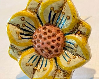 set 2 Sunflower Knobs Pulls Handle Yellow White Hand Painted
