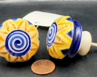 Set 2 Sunflower Knob Pulls Handle Delft Blue and Yellow Hand Painted