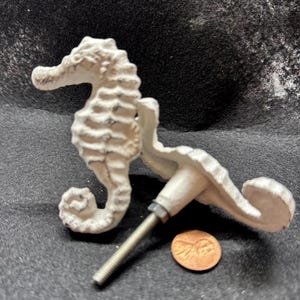 May include: A white seahorse-shaped cabinet knob with a threaded rod for mounting. The knob is made of metal and has a distressed finish. A penny is next to the knob for size reference.