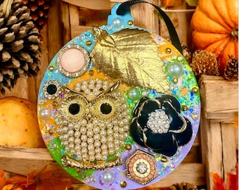 Jewelry Ornament Woodland Owl Fall Autumn Tree Vintage Antique Holiday Up Cycled Gift Keepsake