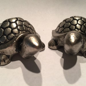 May include: Two silver-colored turtle figurines. Each turtle has a textured shell and detailed features. The turtles are positioned side-by-side, showcasing their front and side profiles. The figurines are likely decorative items.
