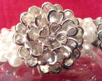 New 2 Silver Knobs FLOWER Rhinestone Crystal Handles 2 1/4”XXLarge
