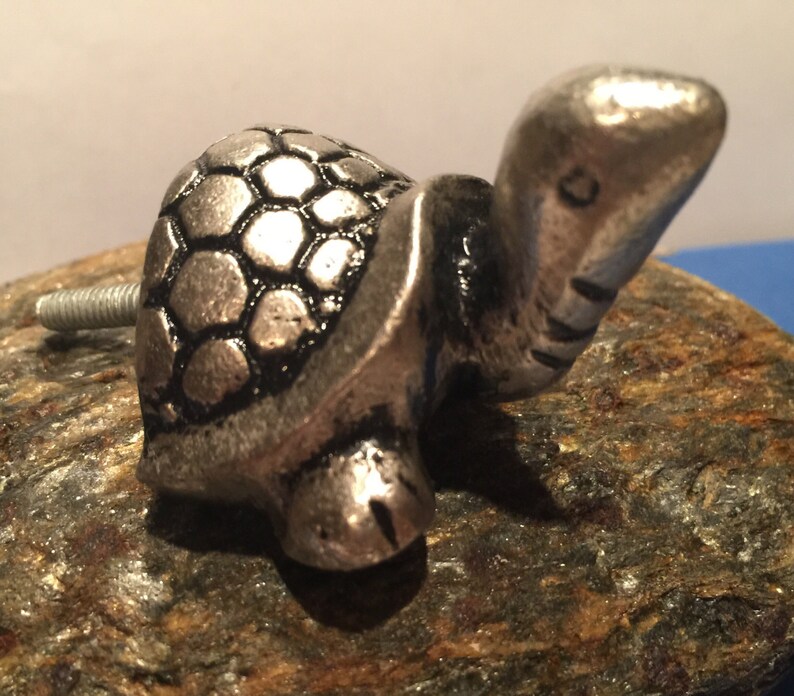 May include: A silver-colored metal turtle-shaped cabinet knob. The knob features a detailed shell design and a screw for attachment. The turtle's head is extended, and its face has etched details. This decorative hardware adds a whimsical touch to furniture.