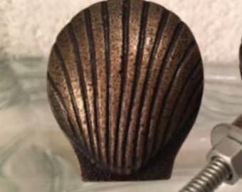 set 2 Bronze Sea Lion Shell Knobs Pulls Nautical Drawer Coastal Embossed