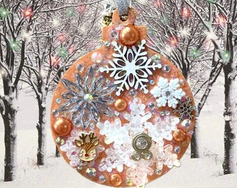 Snowflake Woodland Deer Peach Vintage Jewelry Ornament Winter Christmas Tree Antique Holiday Gift