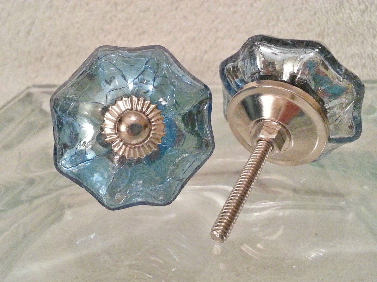 6 Blue Knobs Crackle Mercury Glass Pulls Handles Silver Etsy