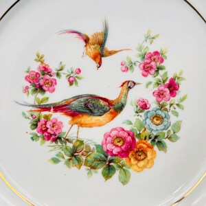 Peut inclure: Une assiette en porcelaine blanche avec un bord dor&eacute; pr&eacute;sente un motif peint &agrave; la main de deux oiseaux et de fleurs. Les oiseaux sont un faisan et un oiseau plus petit avec une poitrine jaune. Les fleurs sont roses, jaunes et bleues.