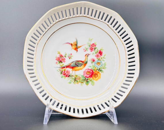 Vintage Schumann Porcelain Reticulated Bowl: Hand-Painted Pheasants, Bavaria Germany