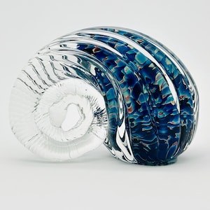 Vintage Hand Blown Glass Nautilus Seashell Paperweight, Signed And Dated, Ocean Blue colors in Clear Glass, Circa 1995