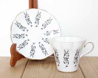 FREE SHIPPING Unusual Black Design, Scalloped Edge Tea Cup and Saucer, Elizabethan Bone China Made in England