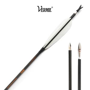 May include: A black carbon fiber arrow with white fletching and a nock, featuring the Vermil logo and the text Crafted for Champions. Two additional arrow tips are shown separately, one attached to a shaft and one detached, revealing a metal screw.