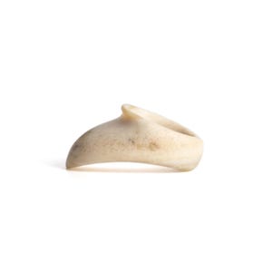 May include: A white, bone-like ring with a unique, curved design. The ring is smooth and has a natural, organic look.
