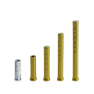 以下が含まれることがあります： さまざまな長さの金属製ダボが5つあります。1つは銀色で、他は金色です。金色のダボはリブのデザインです。ダボは白い背景に対して垂直に配置されています。