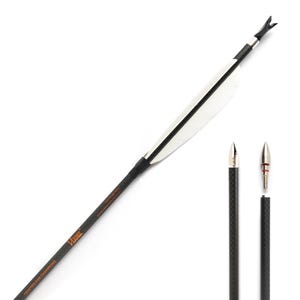 May include: A black and white arrow with a white feather fletching and a silver tip. The arrow has a black shaft with the word "VERHIL" and the phrase "CRAFTED FOR CHAMPIONS" printed on it. Two additional arrow tips are also shown.