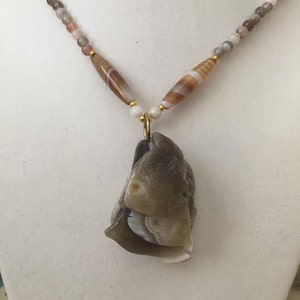 Agate Angelfish Pendant of Hand Carved Botswana Agate on Botswana Agate Beads.