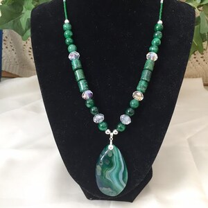 Bright Green Madagascar Agate and Crystal Pendant Necklace, with Sterling Silver Accents.