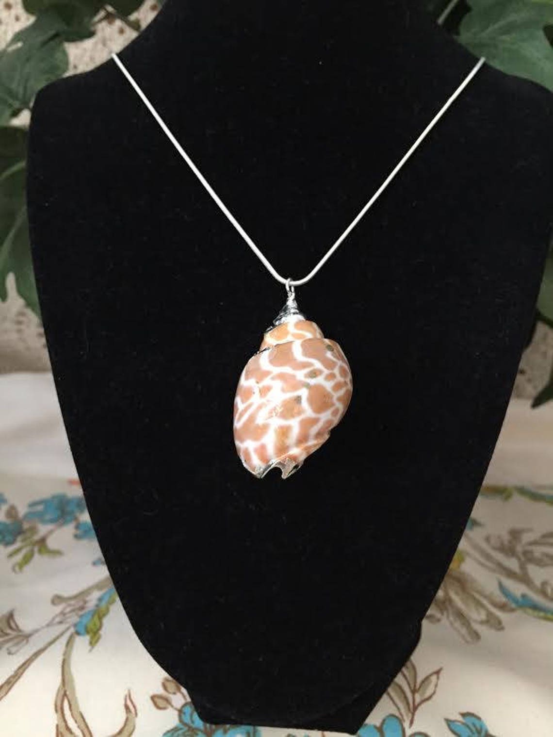 Natural Seashell Pendant, 18K White Gold Plated on 22 Sterling Silver