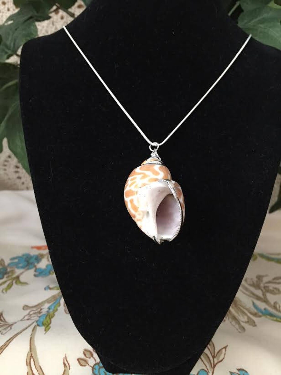Natural Seashell Pendant, 18K White Gold Plated on 22 Sterling Silver