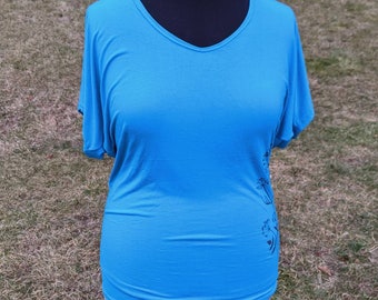 Turquoise Top, Dolman Tee, Batwing Top, Dance Practice wear, One Shoulder Top, Blue Workout Top, Yoga Wear, Flowered Top for Women, Size XL